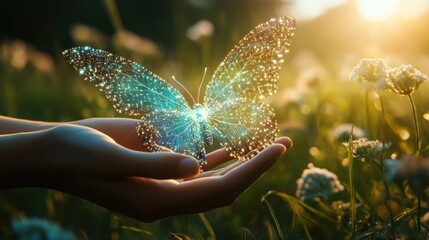 Human hands gently holding a digital butterfly, its wings made of glowing circuits, flying over a serene meadow, blending technology with nature