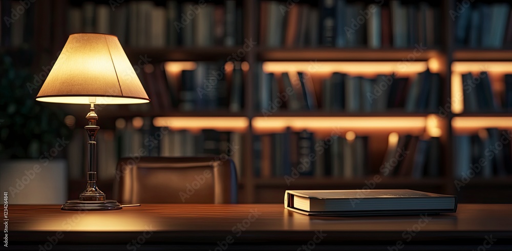 Aufkleber dark study room background with desk and bookshelf. a working table lamp in close-up view. a concept
