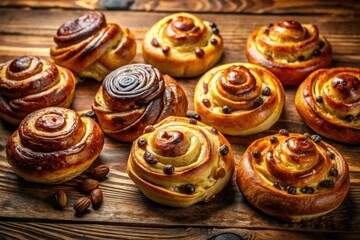 Fototapeta premium Golden raisin buns and puff pastry snails: a delicious aerial view of European bakery delights.
