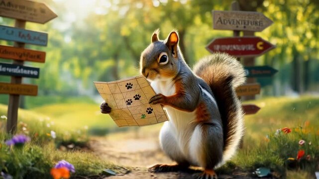 Curious squirrel studying a treasure map in a sunny forest with colorful flowers and signposts in the background. Concept of exploration and playful discovery