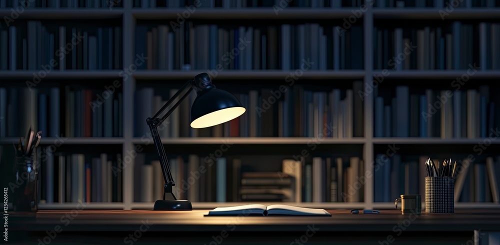 Poster dark study room background with desk and bookshelf. a working table lamp in close-up view. a concept