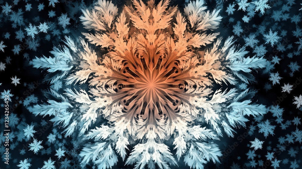 Poster intricate snowflake design with surrounding smaller snowflakes