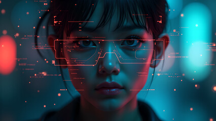 Futuristic Face with Digital Interface Overlay