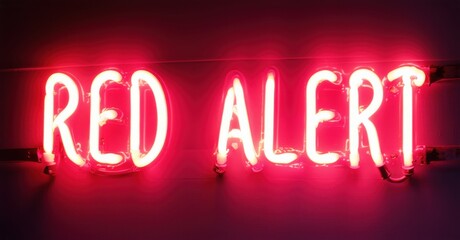 Neon sign red alert glows intensely in deep crimson, casting an ominous light. The bold typography conveys urgency, danger, or an emergency warning in a dark setting