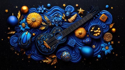 A vibrant arrangement featuring a blue guitar amidst decorative elements in rich tones of gold and orange, evoking creativity.