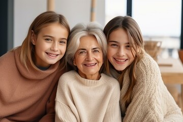 Two cheerful granddaughters are hugging their smiling grandmother, showcasing a heartwarming bond of love and family connection