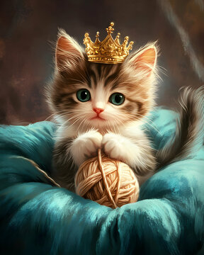 A cute kitten wearing a crown, playing with a ball of yarn on a plush surface.