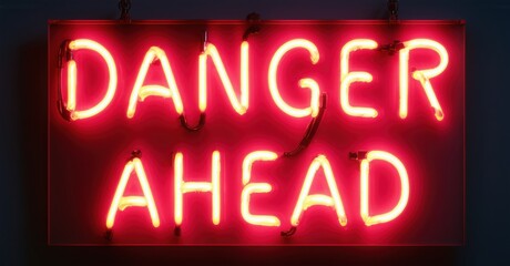 Obraz premium Red neon sign reading Danger Ahead glowing ominously in the dark. The intense red light casts eerie reflections warning of an impending hazard with an electrifying presence