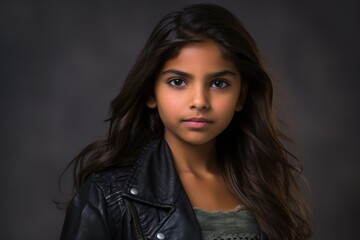 A young girl with long brown hair is wearing a black leather jacket