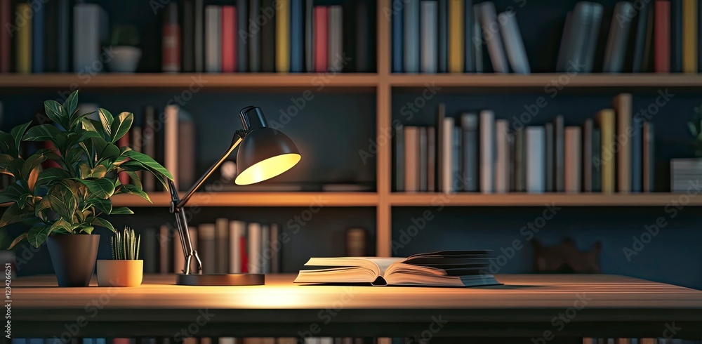 Aufkleber dark study room background with desk and bookshelf. a working table lamp in close-up view. a concept