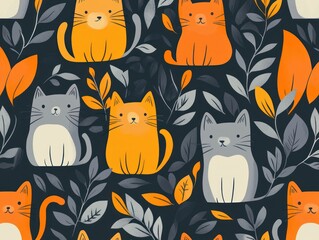 Cute cats autumn leaves fabric pattern design
