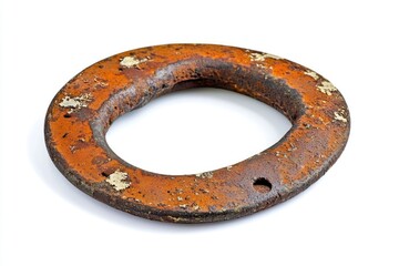 A close-up of a rusted metal ring lying on a white surface, perfect for use in a still life or product photography context