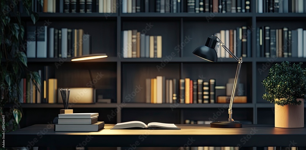 Poster dark study room background with desk and bookshelf. a working table lamp in close-up view. a concept