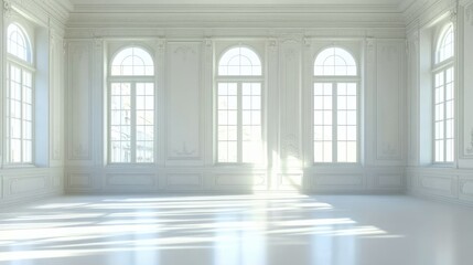 Sunlit Empty Hall with Vaulted Ceiling and Row of Windows