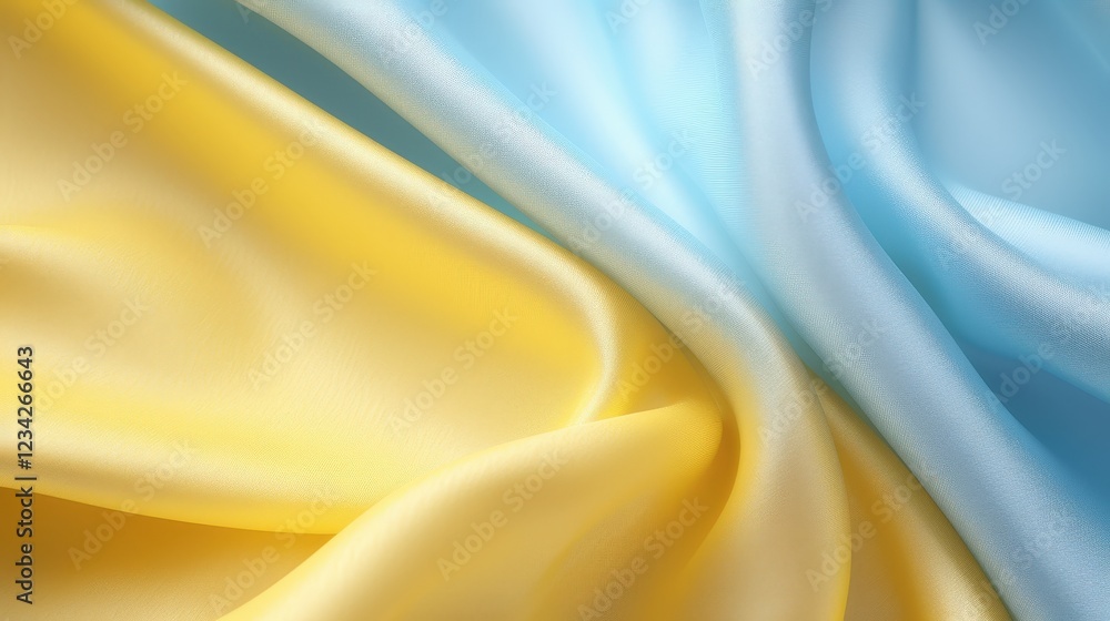 Poster close up of seamless yellow and blue fabrics displaying smooth texture and elegant drapery in soft l