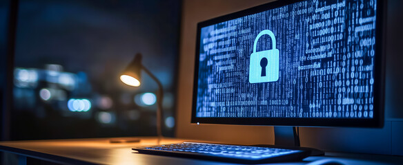 Computer screen displaying cybersecurity lock symbol with binary code