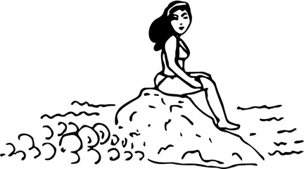 Sea, beach summer time travel. Vacation. Hand drawn vector isolated doodles. Woman on a beach 