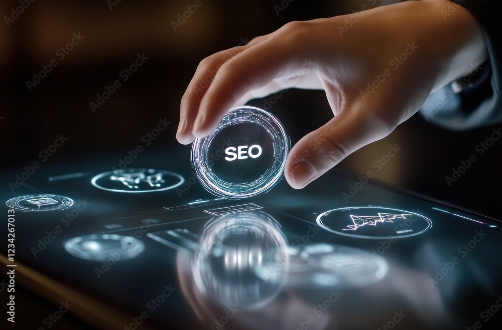 Poster Hand Engaging Interactive SEO Concept on Touchscreen Device in Dark Setting