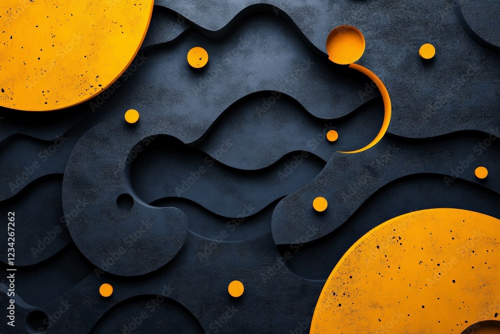 Poster colorful abstract design featuring yellow circles and wavy black shapes in modern art style on textu