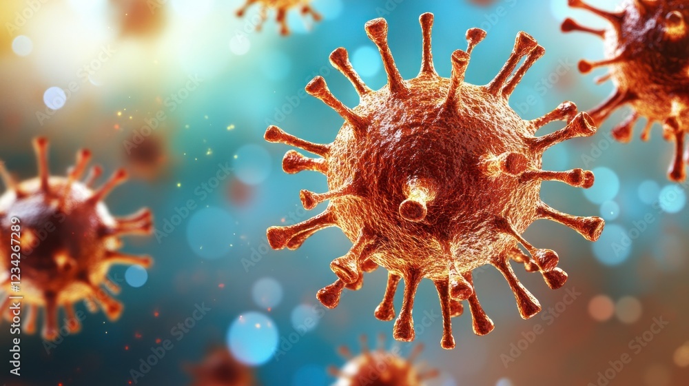Poster virus microscopic view with colorful background and glowing particles effects