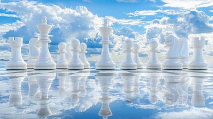 Elegant White Chess Pieces Reflecting In Serene Sky With Clouds And Water Surface