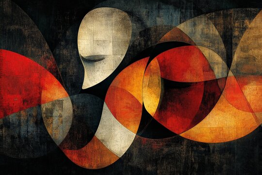 Abstract artwork featuring a minimalist figure surrounded by warm colors and curved shapes