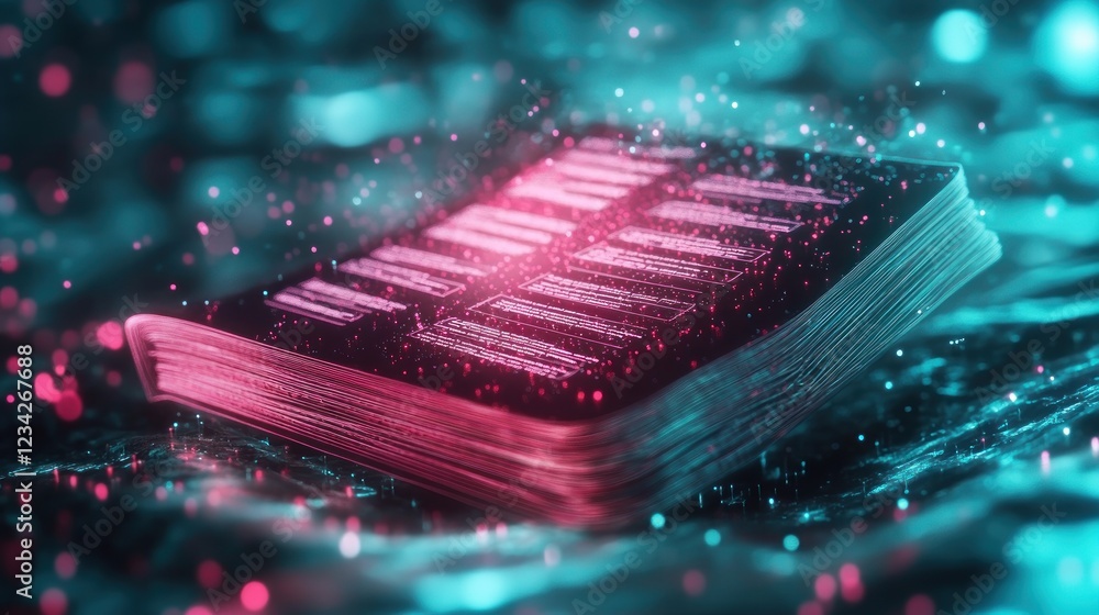 Poster abstract illustration of a book surrounded by colorful particles and light