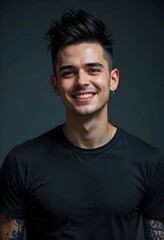 Naklejka premium young handsome man wearing a blank black t-shirt, punk, rock, rock and rock. Suitable for t-shirt design mockup, edgy, rebellious, attitude, cool, casual, streetwear, minimalist, bold, graphic, sexy