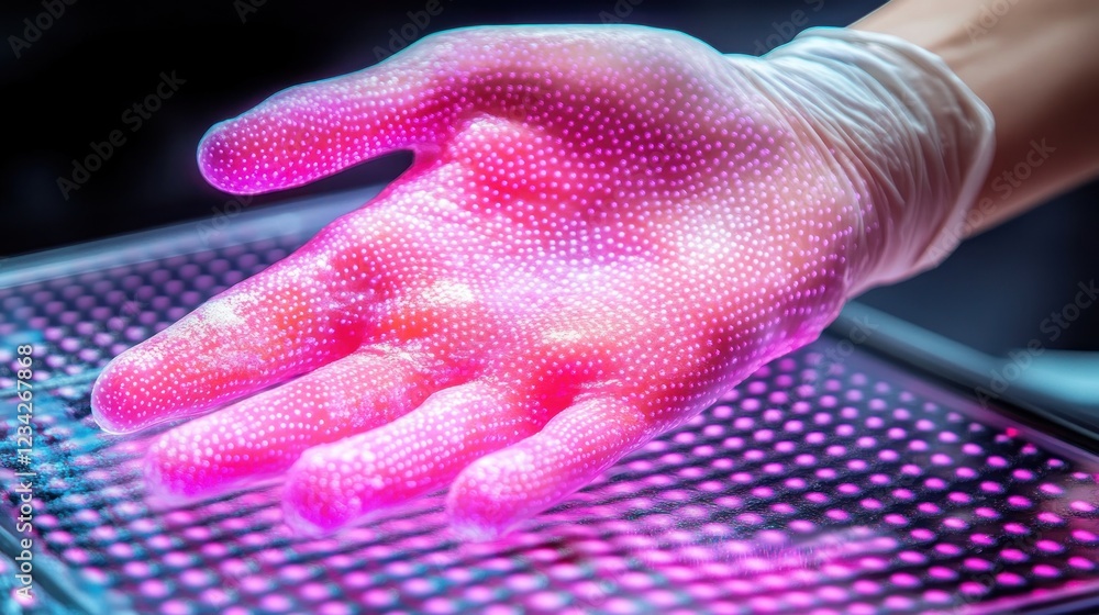 Poster gloved hand in colorful neon lights with dots pattern and texture