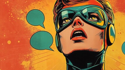 This vibrant comic-style image showcases a heroic figure ready for action, with colorful effects and speech bubbles for dialogue.