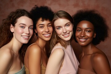 Obraz premium Four beautiful women of different ethnicities are smiling, celebrating diversity and inclusion
