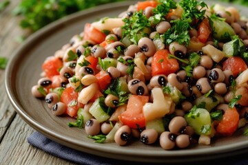 A simple plate filled with black eyed peas and tomatoes, ideal for food or recipe photography