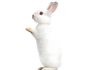 A fluffy bunny rabbit with soft white fur, standing on its hind legs. Transparent background


