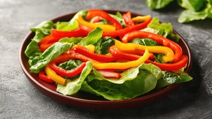 Fresh Colorful Salad with Leafy Greens and Bell Peppers in a Brown Bowl on Dark Surface