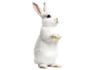 A fluffy bunny rabbit with soft white fur, standing on its hind legs. Transparent background


