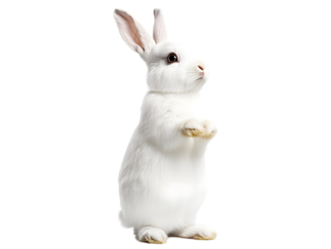 A fluffy bunny rabbit with soft white fur, standing on its hind legs. Transparent background


