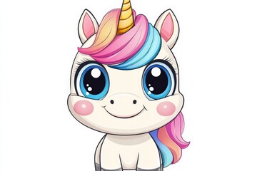 Cute cartoon unicorn character with colorful mane and large eyes, perfect for children's art and decor