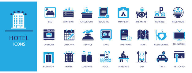 Hotel and hospitality-icon set. Featuring 24 designs, including bed, minibar, booking, reception, pool, elevator, gym, and more.hotel booking apps,