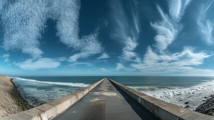 海へと突き抜ける一本道の堤防、リゾート感溢れる癒しの風景