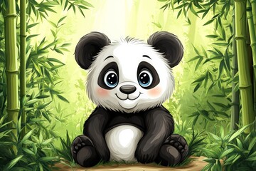 Obraz premium Cute panda sitting among bamboo in a vibrant forest, showcasing its playful demeanor