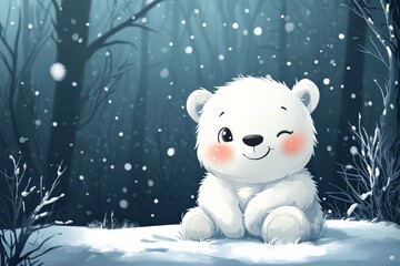 Cute polar bear smiling in snowy forest during winter season with falling snowflakes and serene ambiance