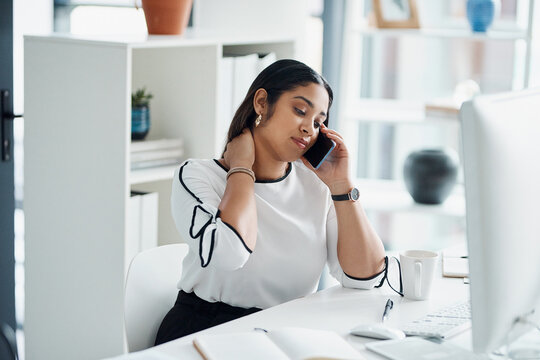 Phone call, medical and businesswoman in office with neck pain, injury or accident for stress. Burnout, cellphone and female attorney on mobile discussion for telehealth with poor posture and tension