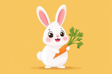 Obraz premium Cute rabbit holding a carrot with a cheerful expression against a bright yellow background