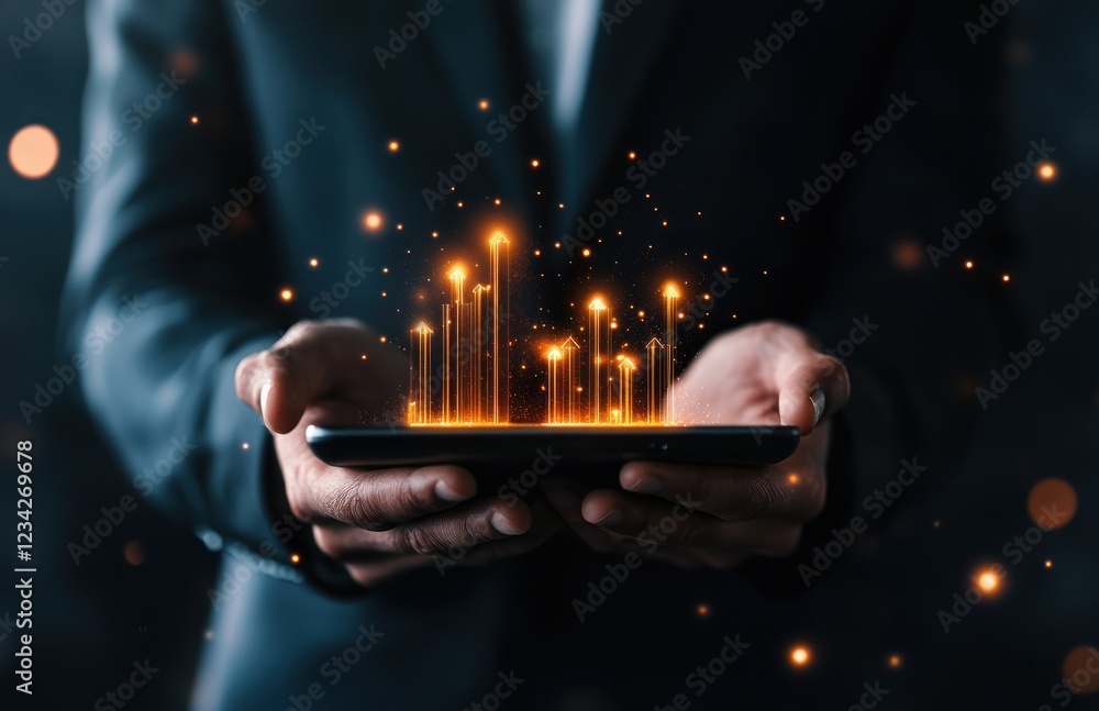 Poster Hands Holding Smartphone with Digital Data Visualization Concept