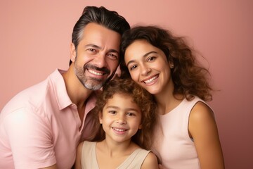 Fototapeta premium Happy family posing together and smiling on a pink background