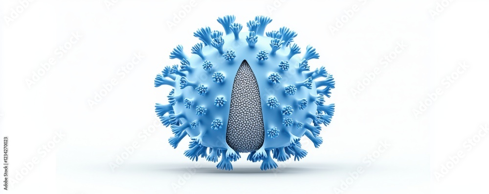 Poster a 3d representation of a virus, featuring a spherical structure with spike-like projections and a ce