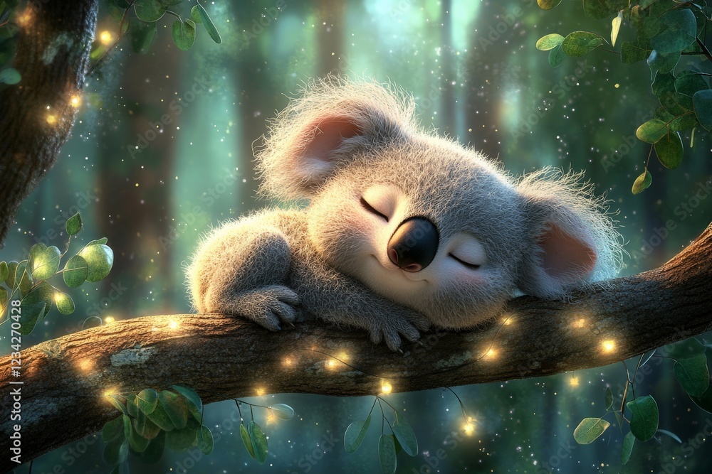 Poster cute koala peacefully sleeping on a branch surrounded by glowing lights in a serene forest setting