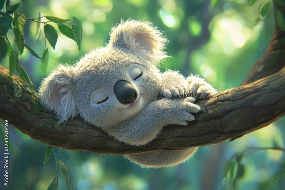 Poster koala peacefully resting on a branch in an australian eucalyptus forest surrounded by greenery