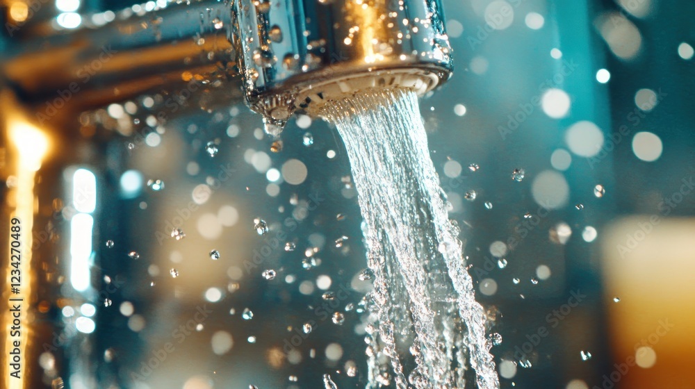 Poster close-up of water flowing from chrome faucet with glimmering bokeh background