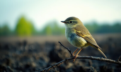 Fototapeta premium tiny bird resting on bare branch in deforested area, showcasing nature resilience